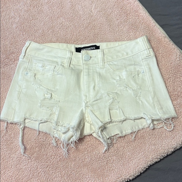 Express Pants - Express Cream/ White Distressed Jean Shorts